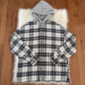 Urban Outfitters Mens Large Hooded Plaid Flannel Outdoor Black White Preppy Fall